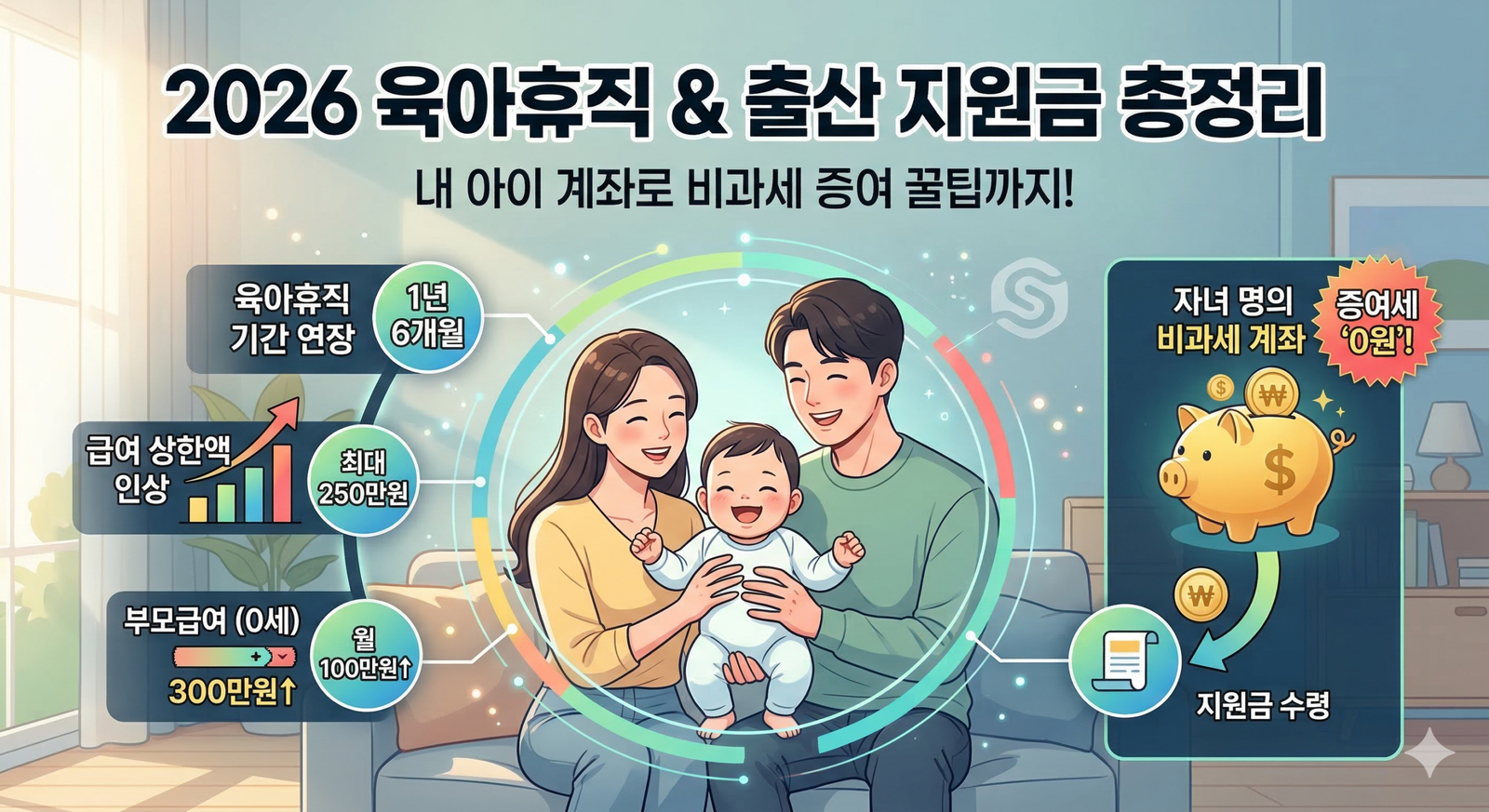 2026년 육아휴직 기간 1년 6개월 연장, 급여 상한액 250만원 인상, 부모급여 및 자녀 명의 비과세 계좌 증여세 0원 혜택 설명 인포그래픽