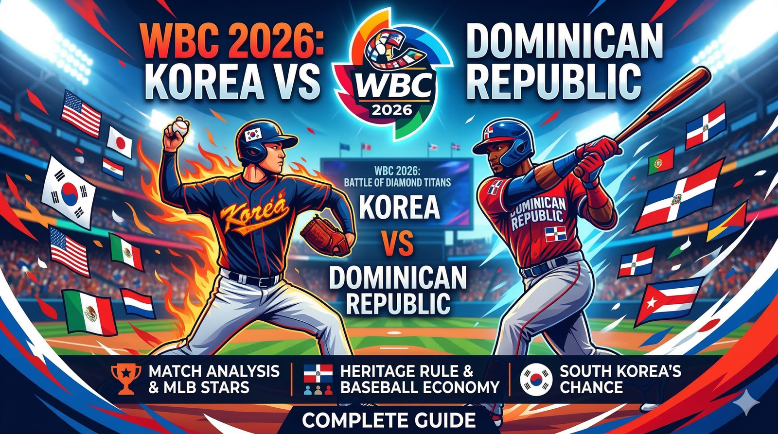 WBC 2026 baseball match between South Korea and Dominican Republic, featuring fiery players, flags, and text highlights for MLB stars, Heritage Rule, and economic impact in an action-filled graphic thumbnail.