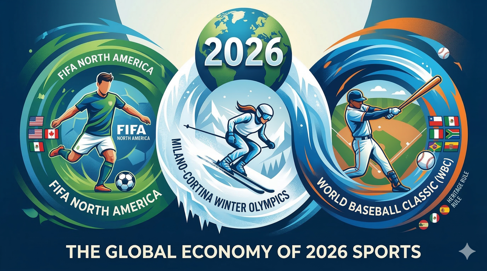 Conceptual illustration of 2026 sports events including FIFA World Cup North America, Milano-Cortina Winter Olympics, and World Baseball Classic for economic analysis.