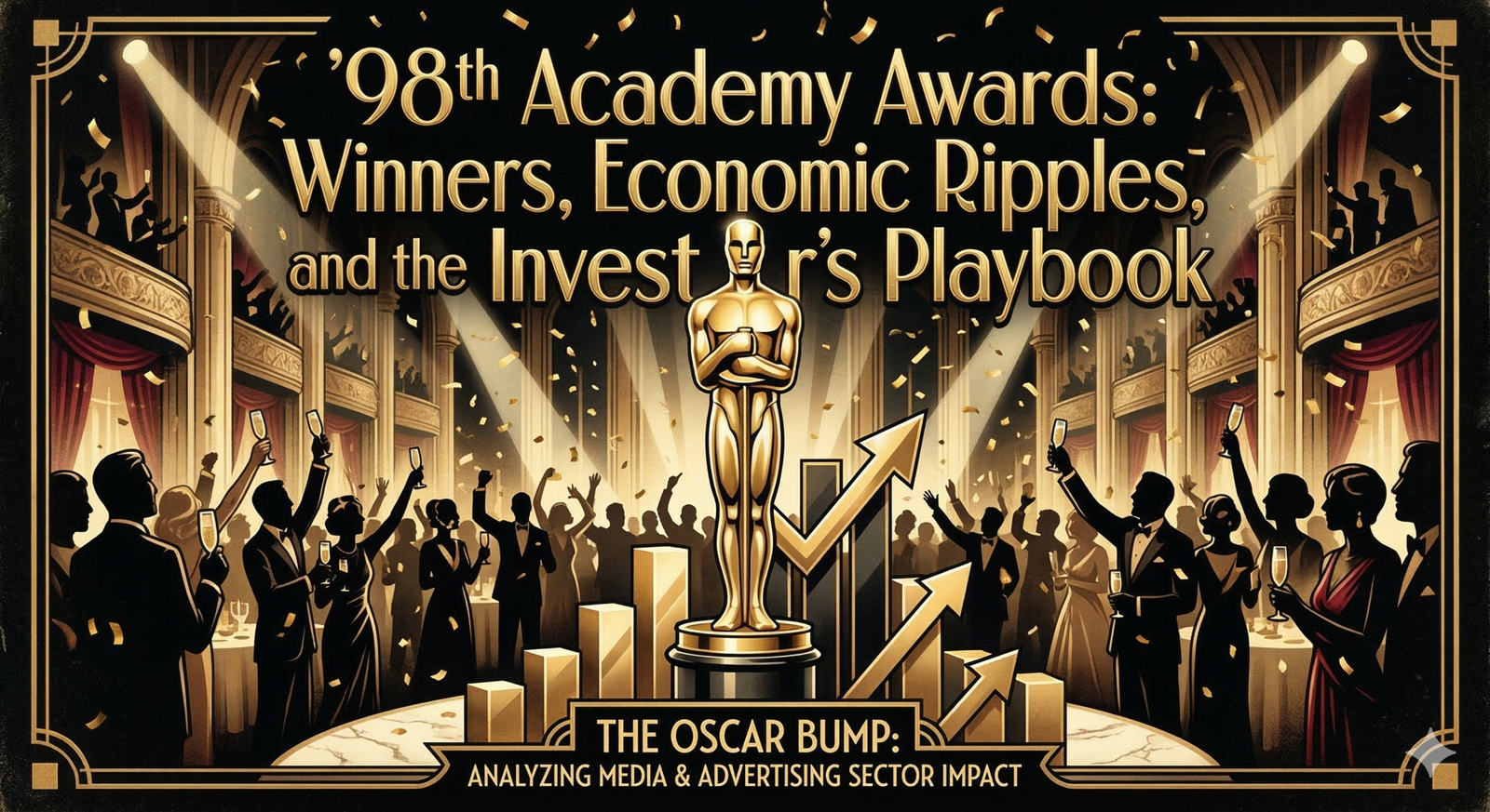 A cinematic Art Deco illustration in Gatsby style, featuring a golden Oscar statue standing on a base built from rising stock market charts and digital data. Behind it, a roaring 1920s jazz party cheers with champagne and confetti. The scene captures the concept of the 'Oscar Bump' and the economic impact of the 98th Academy Awards on the media and entertainment industry.