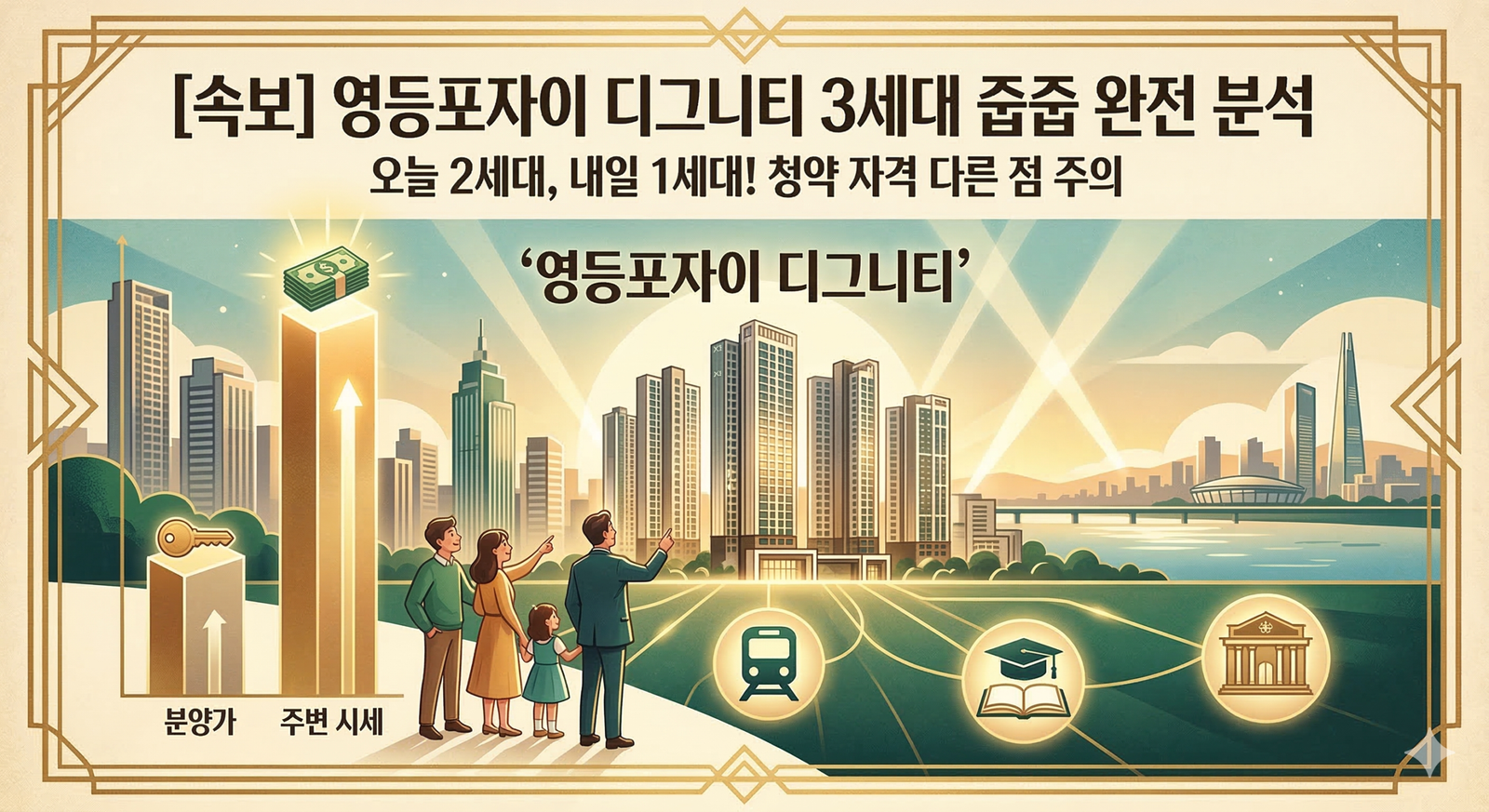 A warm and bright cinematic Art Deco illustration with a Gatsby-inspired golden touch, serving as a real estate blog featured image for thesupertrampedit.com. The composition centers on the elegant high-rise complex of "Yeongdeungpo Xi Dignity" in Seoul, labeled in stylish Korean script against a stylized skyline of Yeongdeungpo and Yeouido. Glowing icons representing subway transport, education with a book and cap, and a luxurious community center are connected by elegant golden lines to the complex. To the left, a stylized bar chart compares the 'Subscription Price' (represented by a smaller bar and a key) against a much larger, towering 'Market Value' (represented by a towering bar with a glowing peak and money icons, symbolizing massive potential gains). An animated young family and an investor are looking towards the Xi Dignity complex with aspiration and excitement under a hopeful twilight sky. The entire composition is framed with elaborate golden geometric patterns, with Art Deco typography at the top reading: '[속보] 영등포자이 디그니티 3세대 줍줍 완전 분석' and below it '오늘 2세대, 내일 1세대! 청약 자격 다른 점 주의'. The textured, vintage film grain adds a sense of luxury, speed, and complex capital movements, emphasizing the exclusivity and 'Lotto' aspect of this opportunity.