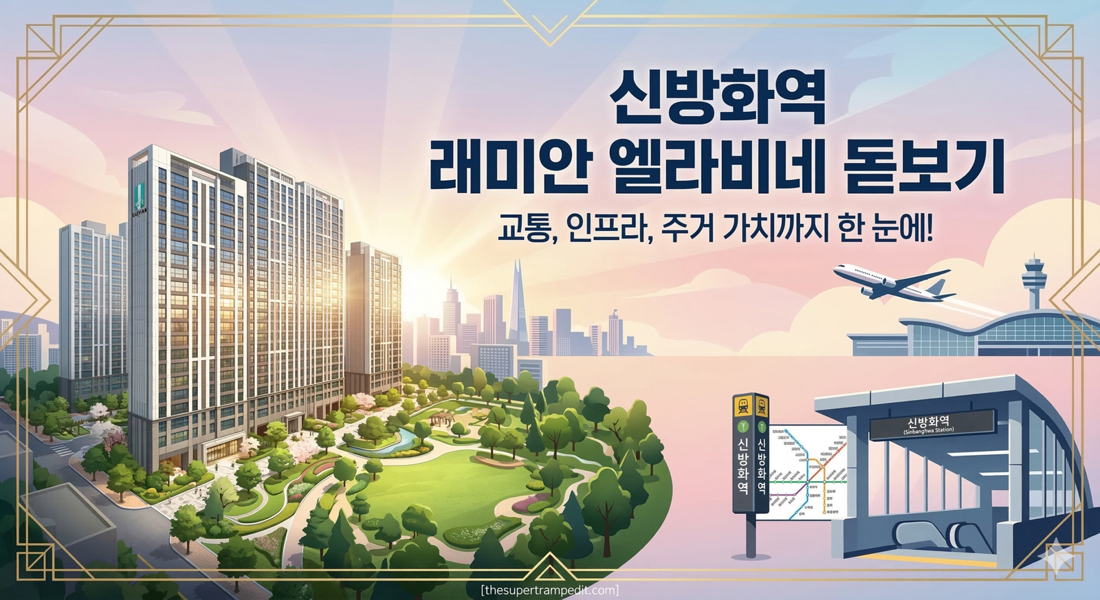 A warm and bright cinematic Art Deco illustration with a Gatsby-inspired golden touch, showing a modern, high-rise luxury apartment complex in Seoul, named "래미안 엘라비네" (Raemian Ellavine). The complex is surrounded by lush green parks and connected by elegant golden lines to glowing icons representing subway transport, education with a book and cap, and shopping with a cart. In the stylized background, the distinct skyline of Magok is visible, including structures like LG Science Park. A comparative data chart to the left contrasts the 'Ellavine Subscription Price' with the 'Magok Real Market Value', symbolizing safety margins and potential. Art Deco Korean typography at the top reads: '래미안 엘라비네: 마곡을 품은 프리미엄 청약 분석' and '오늘 특공, 내일 일반 공급!'. A young stylized family looks toward the complex with anticipation under an encouraging twilight sky.
