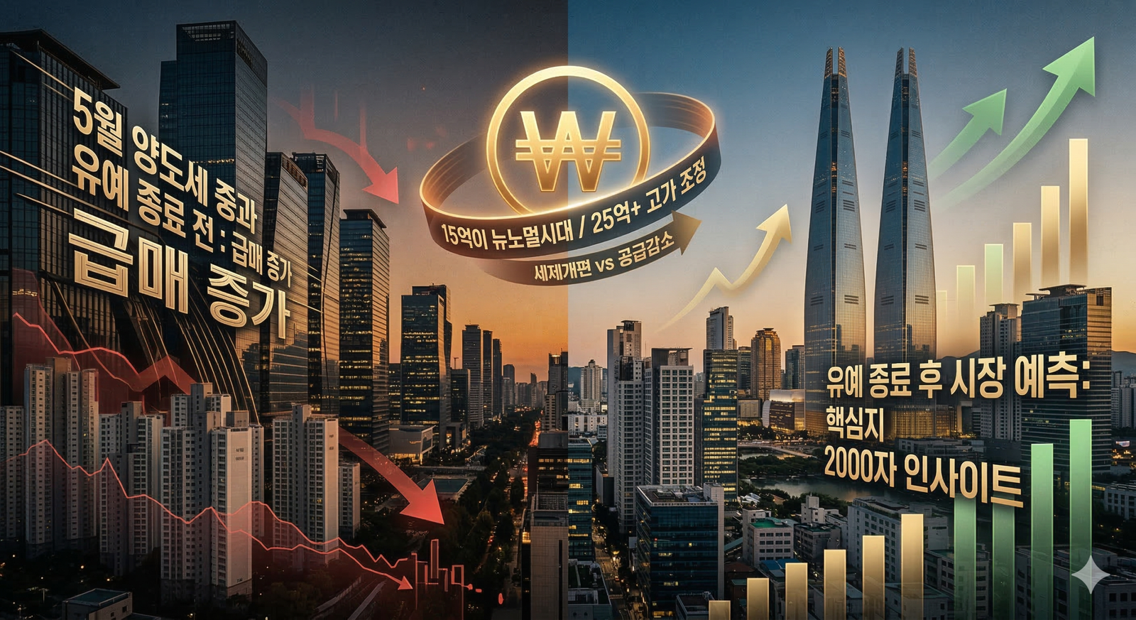 A cinematic Art Deco style illustration featuring a dynamic split-view of the modern Seoul skyline, looking towards Gangnam and Yongsan at dusk. The left side shows falling red graphs, a large '5월 양도세 중과 유예 종료 전: 급매 증가' text, and shadows, while the right side displays rising green arrows, '유예 종료 후 시장 예측: 핵심지 2000자 인사이트' text, and gold highlights. A stylized golden Won symbol is in the center, encircled by text about '15억 뉴노멀시대', '25억+ 고가 조정', '세제개편 vs 공급감소'. It combines urban landscape with complex data visualization for professional analysis.