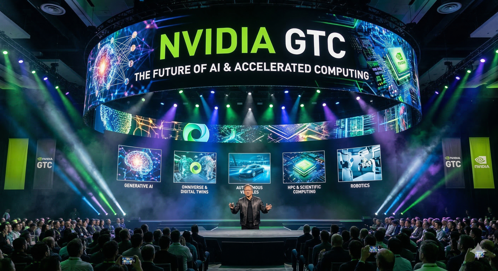 NVIDIA CEO Jensen Huang delivering a keynote speech at GTC 2026 on a high-tech stage. The large curved screen displays "NVIDIA GTC: THE FUTURE OF AI & ACCELERATED COMPUTING" with sub-panels showcasing Generative AI, Omniverse, Autonomous Vehicles, HPC, and Robotics. A large audience watches the presentation under cinematic blue and green lighting.