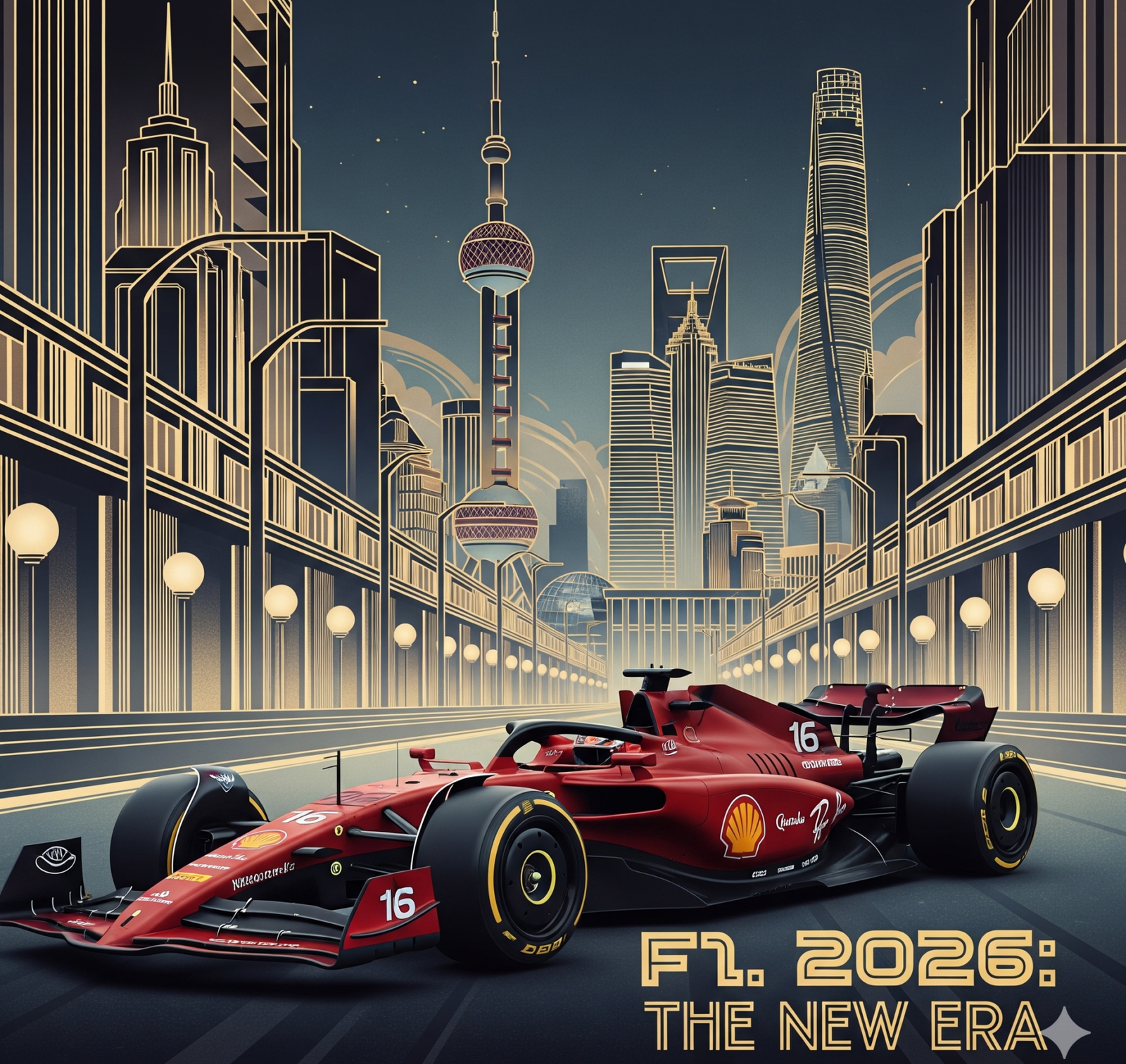A cinematic Art Deco illustration in Gatsby style, featuring a dynamic red Ferrari F1 car (#16) powering through a sunlit, futuristic street circuit in Shanghai. The Oriental Pearl Tower and Pudong skyline are depicted in golden geometric patterns. The Ferrari shows unique 2026 regulation active aerodynamic features and large wheels. Golden Art Deco typography above the scene reads: 'F1 2026: The New Era - Regulations, Calendar & Shanghai GP Review.' Below the car, integrated data visualization elements show 'POWER UNIT: 1000+ HP' and 'SUSTAINABLE FUEL' data points. The entire composition has a textured, vintage film grain and a sense of luxury, speed, and complex capital movements. No real people are depicted, only the idealized elements.