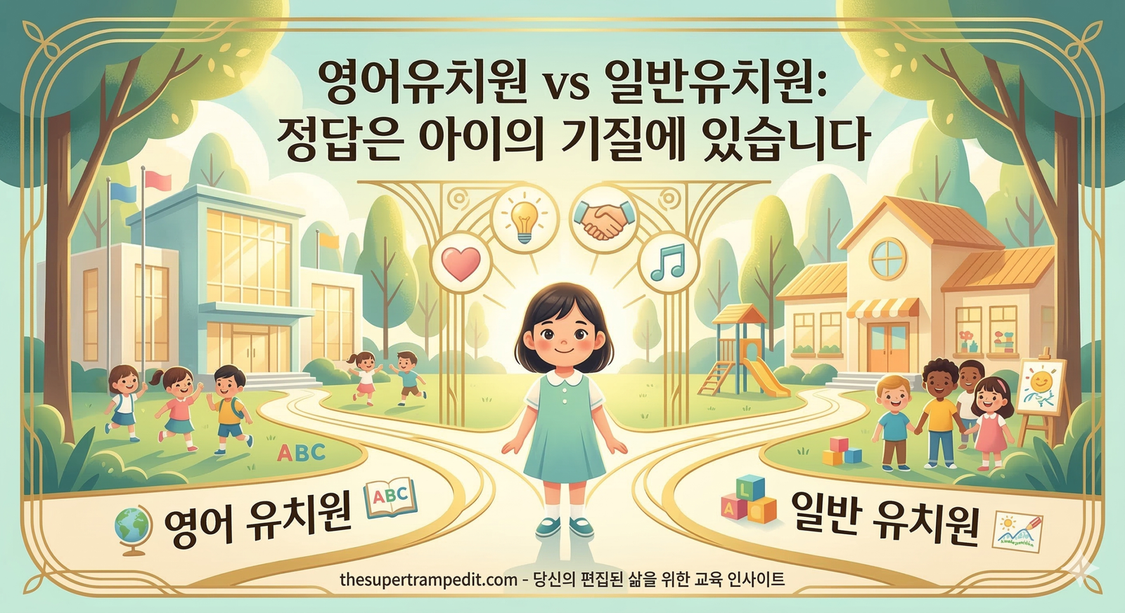 A warm and bright stylized Art Deco illustration with a Gatsby-inspired golden touch, showing a young happy child at a crossroads made of smooth golden lines in Seoul, South Korea. Two balanced, flower-lined paths diverge: '영어 유치원' (English Kindergarten) on the left with a globe and A-B-C book, '일반 유치원' (General Kindergarten) on the right with blocks and a group. Above the child, glowing icons of child temperaments (heart, musical note, handshake) symbolize that both paths are good, just different, and the choice should be based on the child's nature. No dark tones, only welcoming, encouraging light.