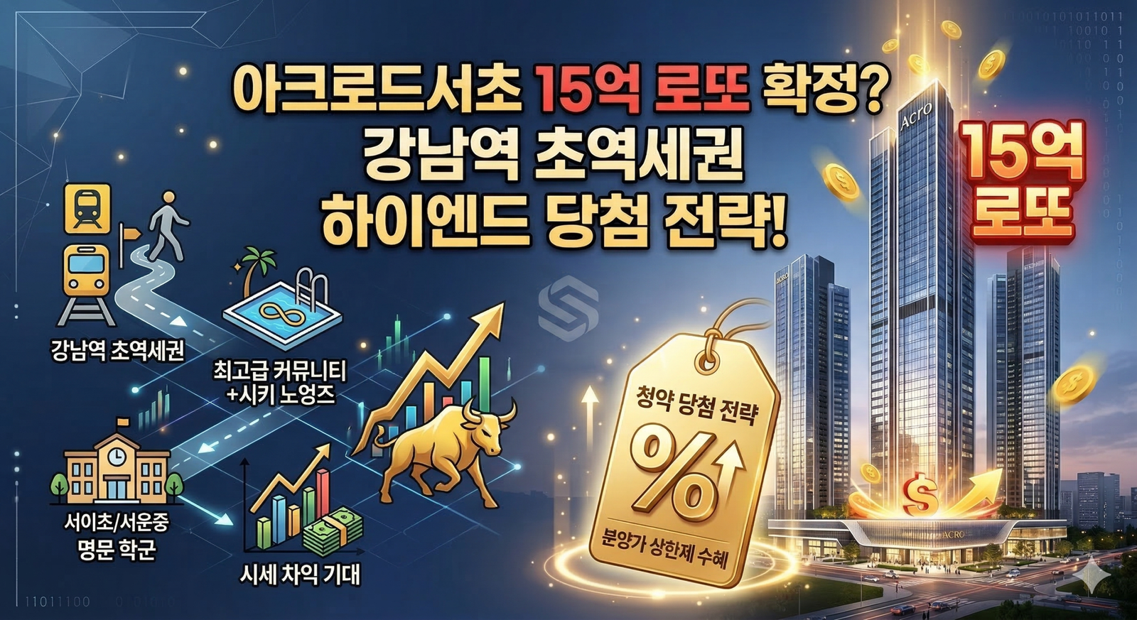 아크로드서초 15억 로또 확정 강남역 초역세권 하이엔드 단지 입지 분석 및 서이초 서운중 명문 학군, 분양가 상한제 수혜 전략 인포그래픽