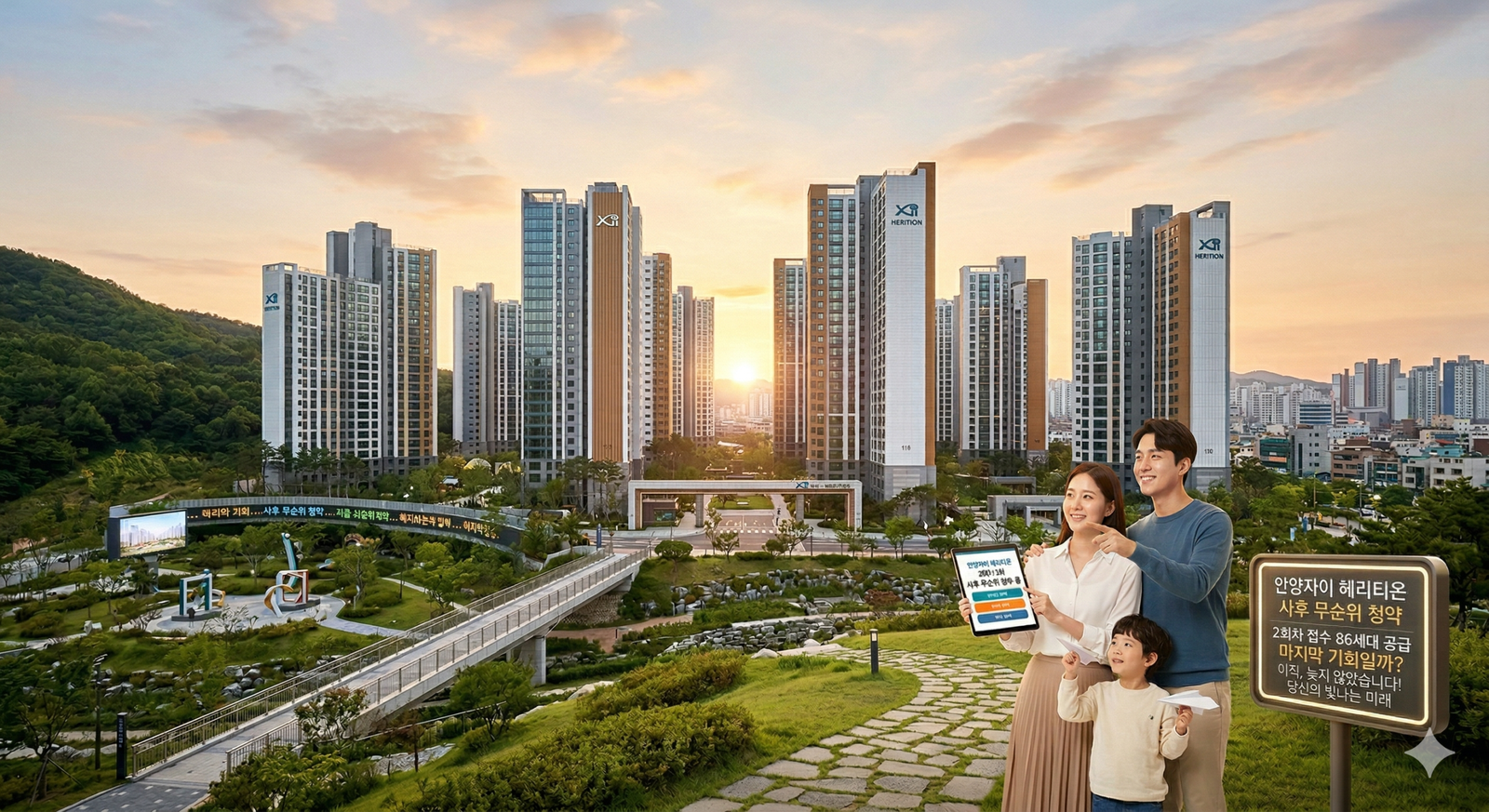 석양이 비치는 안양자이 헤리티온 아파트 전경과 '무순위 청약 2회차 86세대 공급' 안내판 옆에서 미소 짓는 부부와 아이의 모습