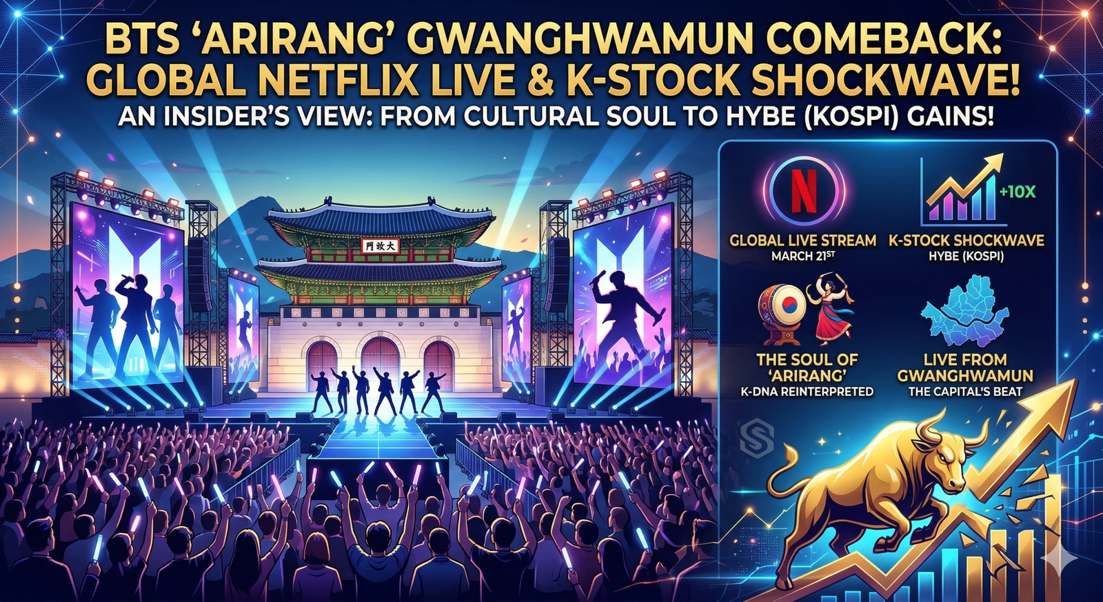 A detailed illustration of a massive BTS concert at Seoul's Gwanghwamun Gate and Square with a cheering ARMY crowd. Text overlays specification: global live stream on Netflix (March 21st), K-Stock Shockwave (HYBE KOSPI +10X), The Soul of 'Arirang' (K-DNA Reinterpreted), and Live from Gwanghwamun (The Capital's Beat), with a golden bull and rising stock chart.