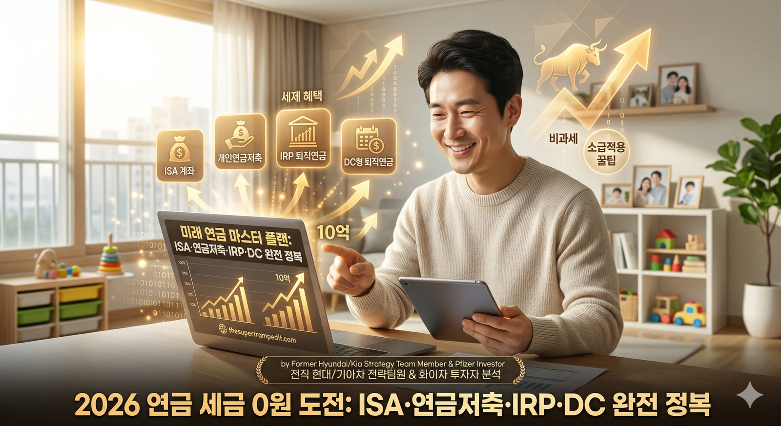 따뜻한 햇살 아래 따뜻한 미소를 지으며 미래 연금 마스터 플랜(ISA·연금저축·IRP·DC)을 열어보는 3040 한국인 가장(아빠)의 뿌듯한 모습. 노트북 화면과 주변에는 네 가지 연금 계좌의 특징, 세제 혜택, 비과세, 소급적용 꿀팁, 추천 ETF 포트폴리오 아이콘과 '전직 현대/기아차 전략팀원 분석' 멘트가 황금빛으로 떠오르고 있다. 'thesupertrampedit.com' 로고 포함.