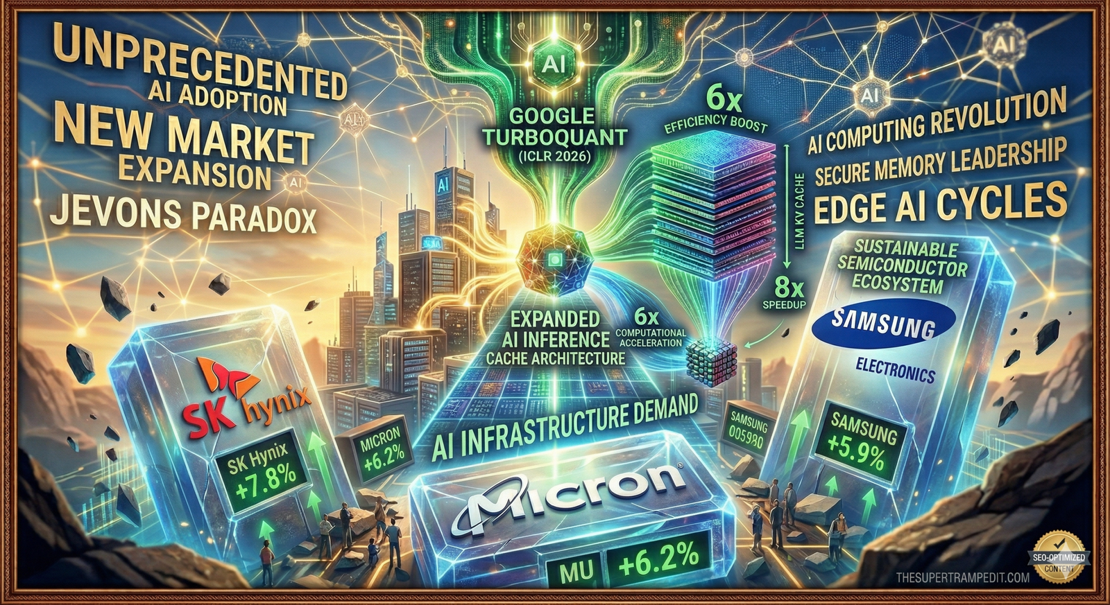 A futuristic 3D visualization showing Google TurboQuant's 6x memory reduction and 8x speedup technology integrated with glowing crystal monoliths of Samsung Electronics, SK Hynix, and Micron. The image features positive stock indicators (+7.8%, +6.2%) and strategic keywords like 'Jevons Paradox' and 'Global Memory Growth' to signify a bullish AI infrastructure outlook.