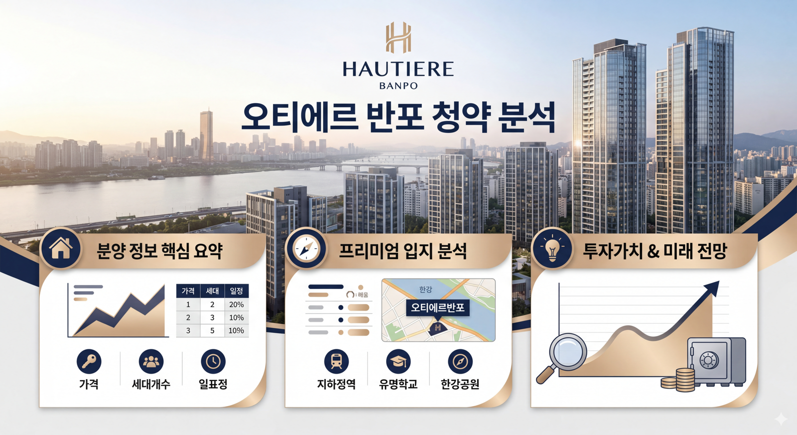 '오티에르 반포 청약 분석'이라는 타이틀과 함께 한강 및 서울 도심 전경이 담긴 인포그래픽. 분양가·일정 요약 패널, 지하철역·학교·한강공원이 표시된 입지 분석 패널, 상승 그래프와 금고 아이콘이 포함된 투자가치 분석 패널이 포함됨.