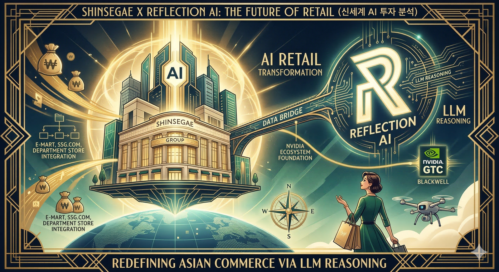 Art Deco illustration of the strategic partnership between Shinsegae Group and Reflection AI for retail transformation, built on the NVIDIA GTC and Blackwell foundation. Features embedded bilingual text: "SHINSEGAE X REFLECTION AI: THE FUTURE OF RETAIL (신세계 AI 투자 분석)". It depicts a data bridge connected to "LLM REASONING", with a woman, a drone, money bags, and a digital globe, symbolizing "AI Retail Transformation".