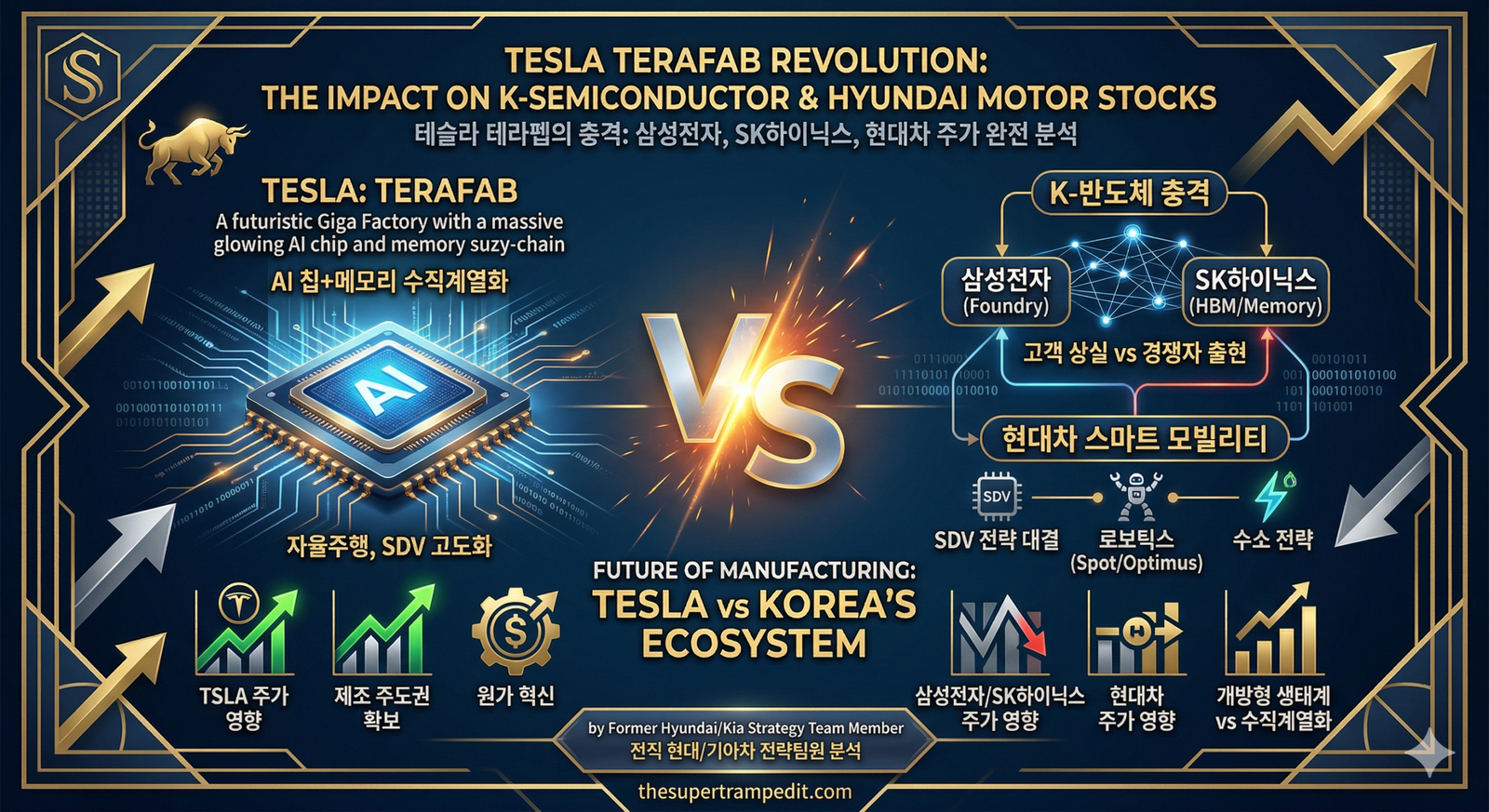"테슬라의 '테라펩(Terafab)' 수직계열화 전략과 삼성전자/SK하이닉스(K-반도체), 현대차의 개방형 생태계를 비교하는 인포그래픽. 좌측에는 테슬라 테라펩 공장과 TSLA 주가 상승, 우측에는 K-반도체 충격과 현대차 SDV/로보틱스 전략, 각각의 주가 영향 지표가 포함되어 있음. '전직 현대·기아차 전략팀원 분석' 멘트가 하단에 있음."