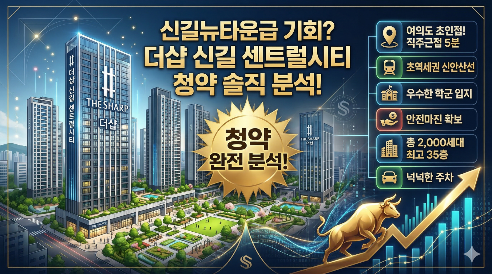 '신길뉴타운급 기회? 더샵 신길 센트럴시티 청약 솔직 분석!'이라는 제목의 인포그래픽. 현대적인 고층 아파트 단지와 황금 황소, 그리고 주요 입지 및 특징을 나타내는 아이콘들이 포함되어 있다: 여의도 초인접(직주근접 5분), 초역세권 신안산선, 우수한 학군 입지, 안전마진 확보, 총 2,000세대 최고 35층, 넉넉한 주차. 중앙에는 '청약 완전 분석!' 금빛 배지가 보인다.