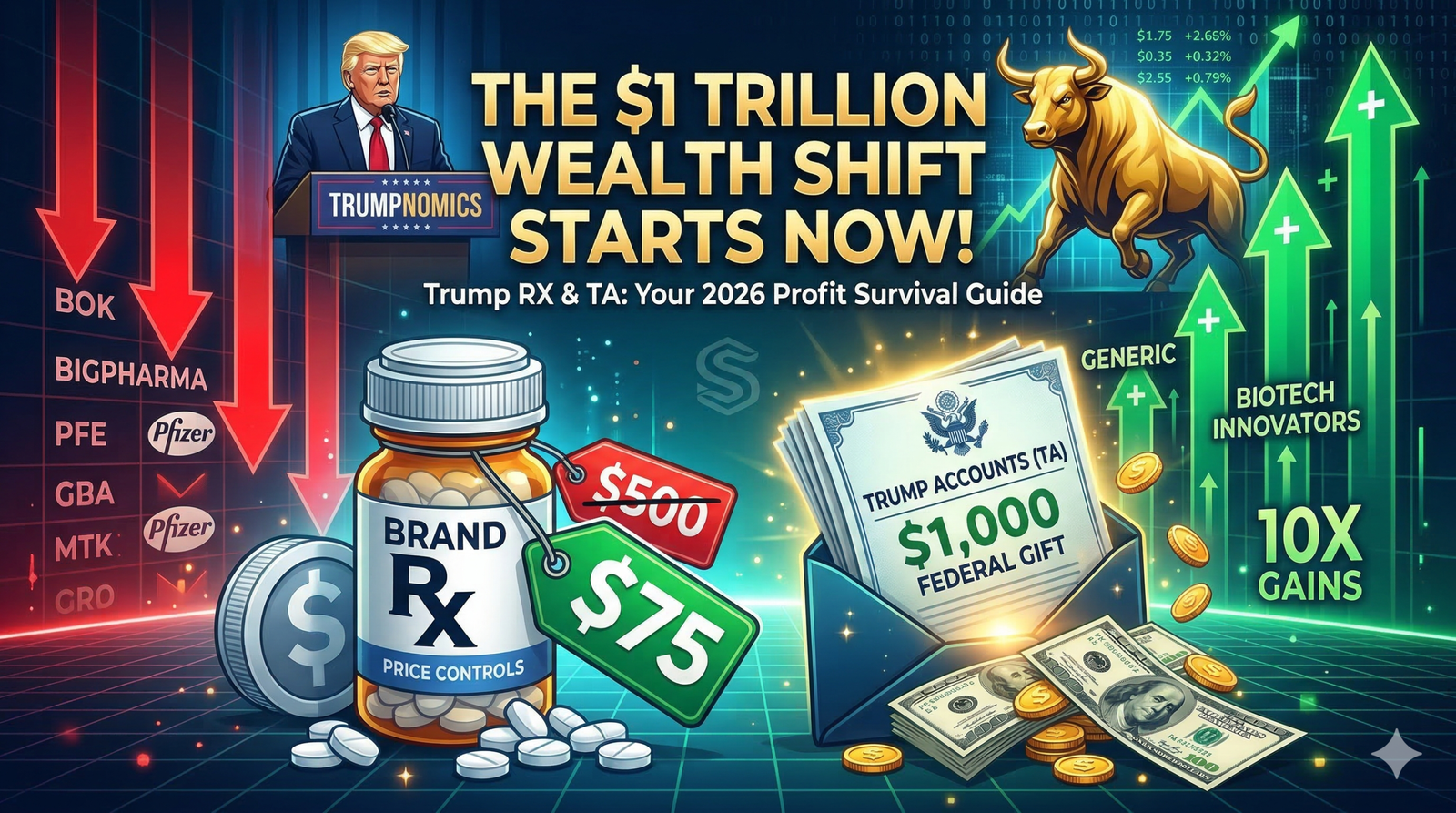 An infographic visually representing a $1 trillion wealth shift in the 2026 stock market due to 'Trumpnomics'. Includes 'Trump RX' price controls slashing Big Pharma profits (PFE/Pfizer), a rising golden bull symbolizing generic/biotech gains (10X), and a 'Trump Accounts (TA)' envelope with a $1,000 federal gift spilling cash.