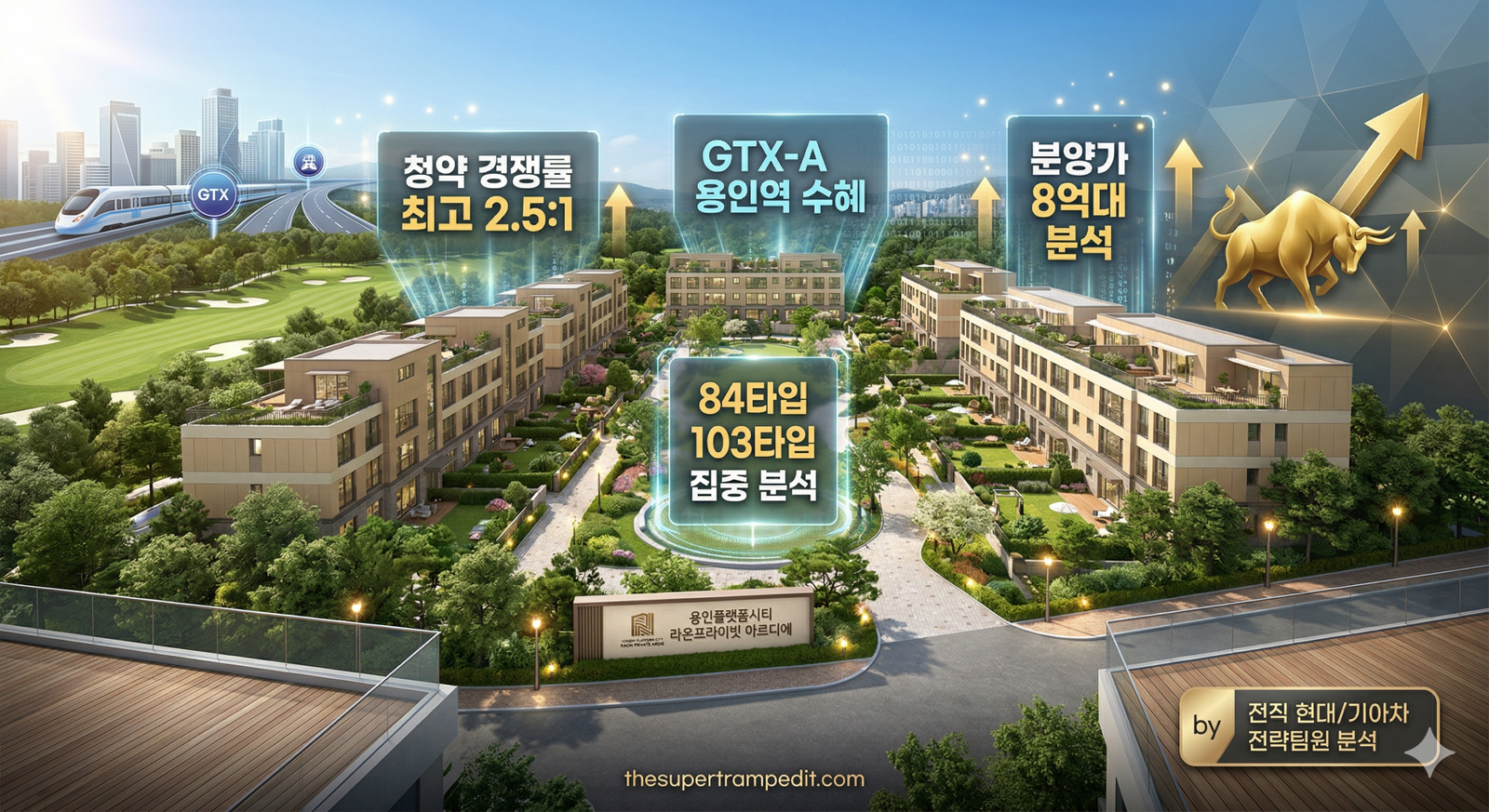 용인플랫폼시티 라온프라이빗 아르디에의 밝은 테라스형 단지 전경과 GTX-A 용인역 수혜를 강조한 인포그래픽. 84타입 및 103타입 경쟁률 분석 문구와 전직 현대/기아차 전략팀원 분석 배지가 포함됨. 'thesupertrampedit.com' 로고 삽입.