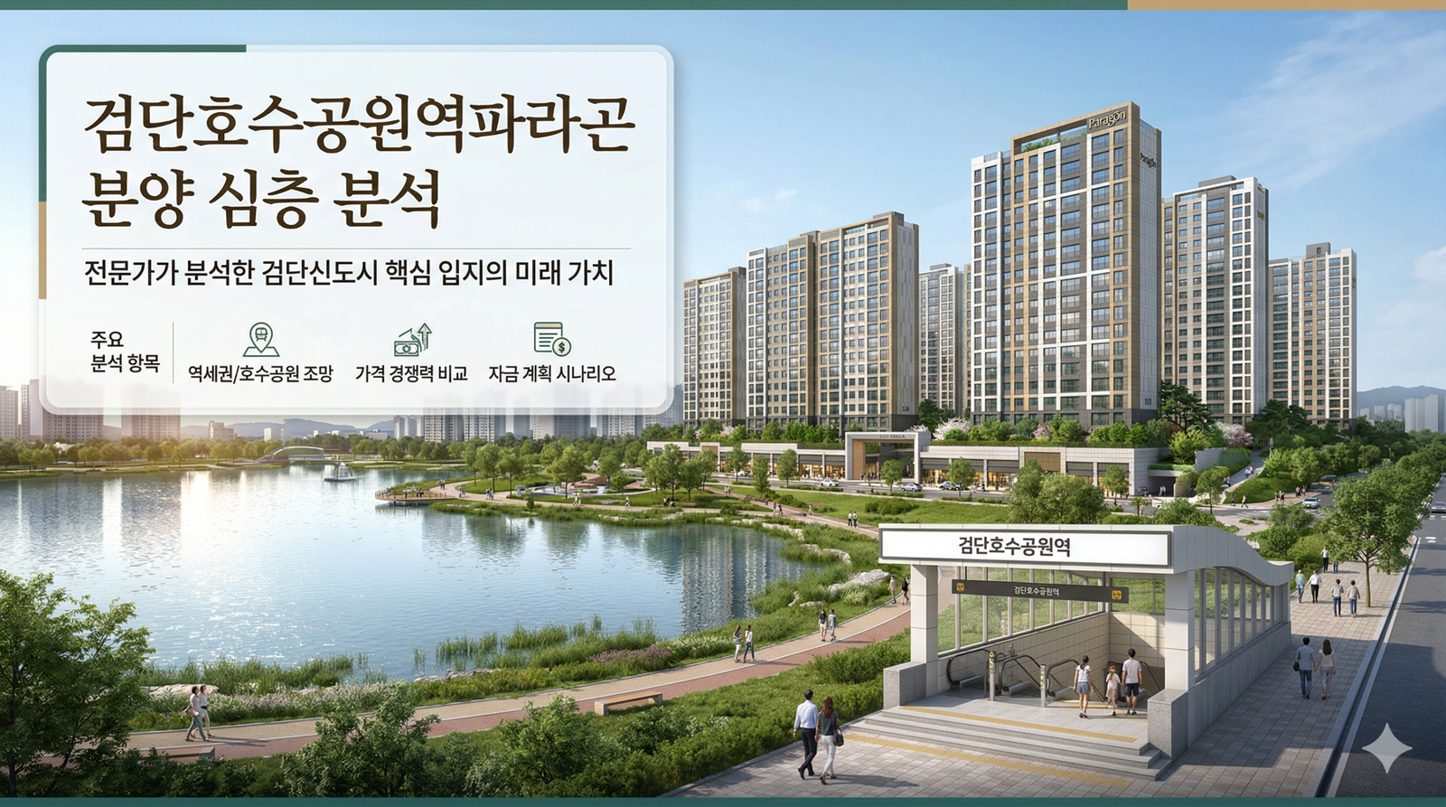 검단호수공원역파라곤 아파트 조감도와 검단호수공원역, 수변 공원 전경이 담긴 청약 분석 대표 이미지. 역세권 입지 분석과 84형 분양가 6.45억 자금 계획 정보 포함.