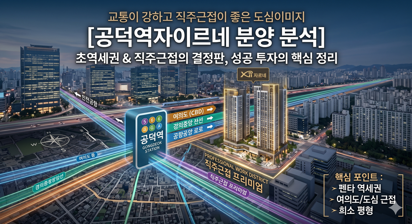 공덕역자이르네 아파트 투시도와 공덕역 환승 노선(5, 6, G, A) 그래픽, 여의도 및 도심 접근성 화살표가 어우러진 도심 조감도 이미지. 하단에는 '직주근접 프리미엄', '핵심 포인트: 펜타 역세권, 여의도/도심 근접, 희소 평형' 텍스트가 포함됨.