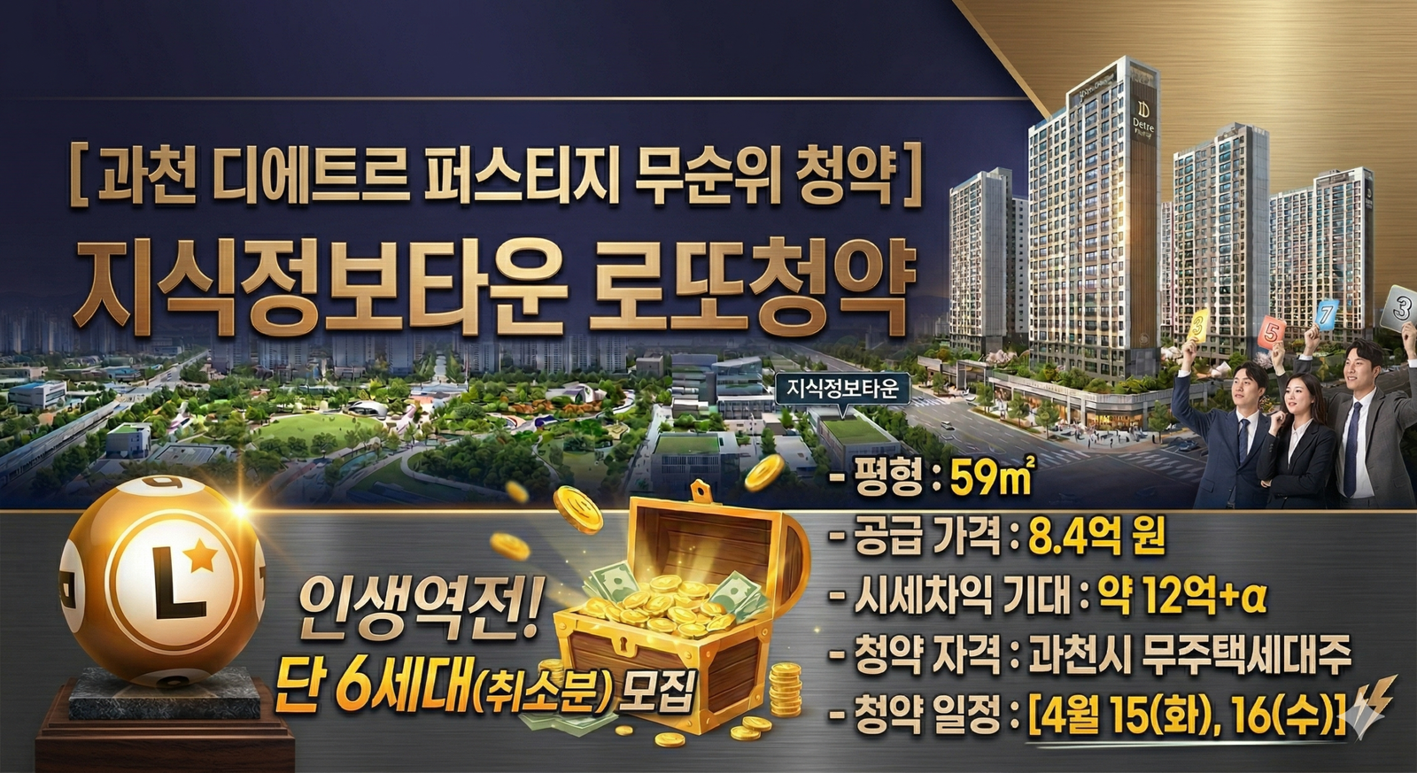 과천 디에트르 퍼스티지 아파트 단지 전경과 황금빛 보물상자, 로또 공이 어우러진 고급스러운 무순위 청약 홍보 이미지. 59타입 공급가 8.4억, 시세차익 12억, 청약 일정 4월 15일~16일 등 주요 정보가 포함됨.