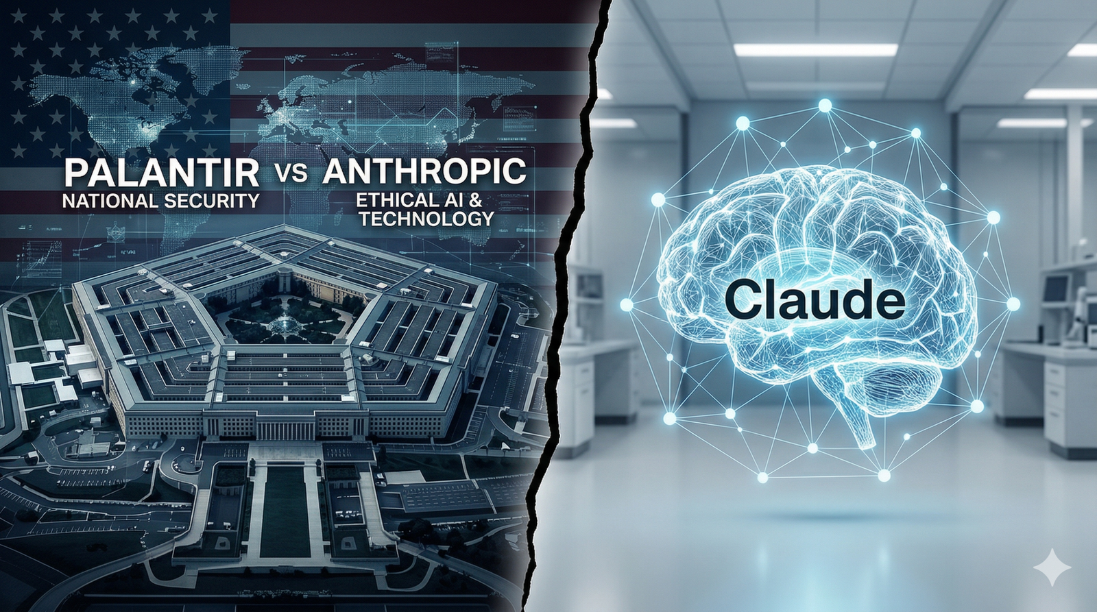 A split-screen visual comparing Palantir's defense network at the Pentagon with Anthropic's neural network in a tech lab, symbolizing the conflict in US defense AI.