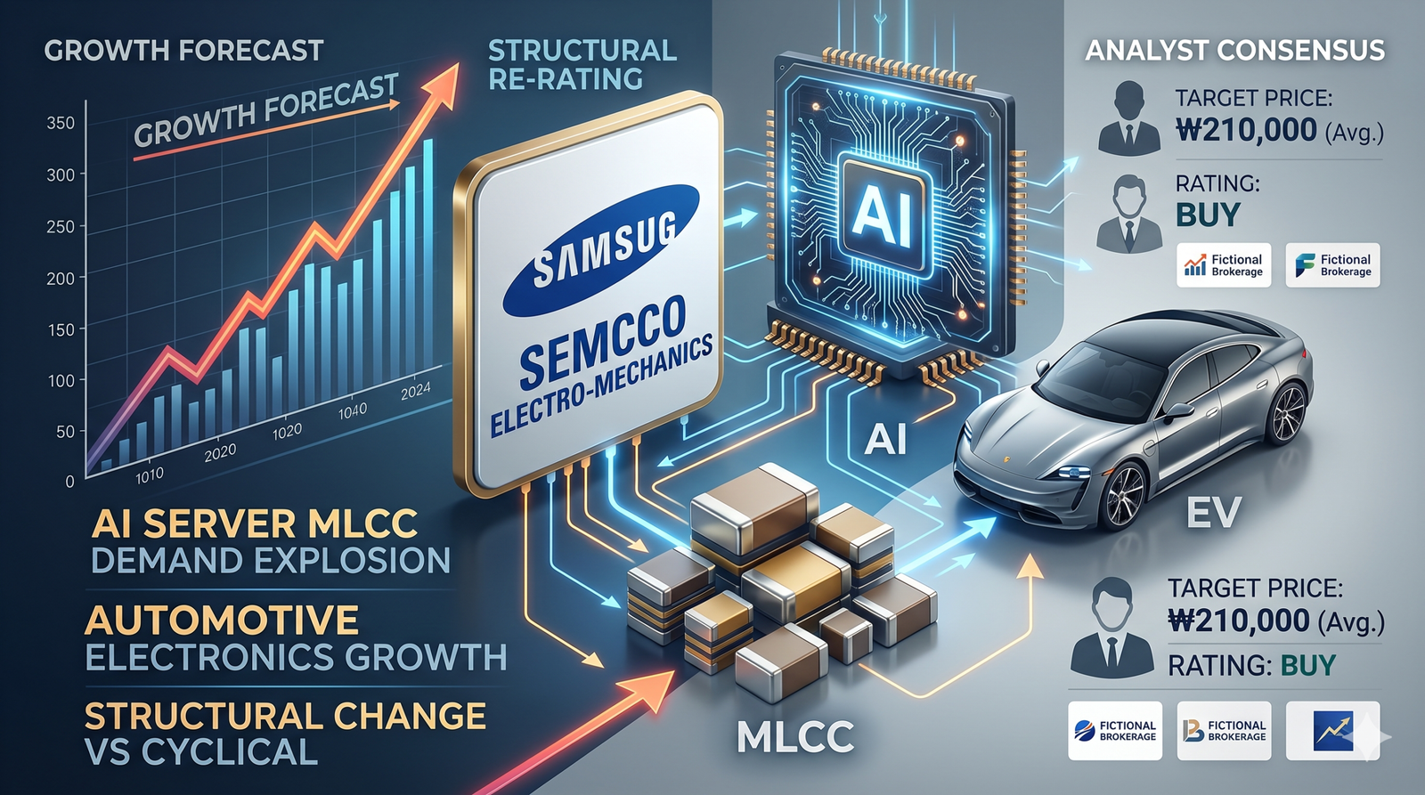 Infographic analyzing Samsung Electro-Mechanics (SEMCO) investment potential, featuring AI server MLCC demand, automotive growth, and analyst stock price targets.