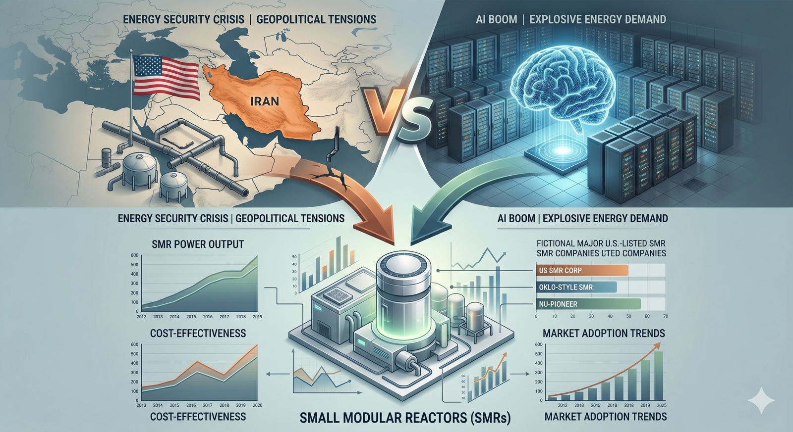 Infographic showing the link between Iran-US geopolitical tensions, AI data center energy demand, and SMR technology solutions.